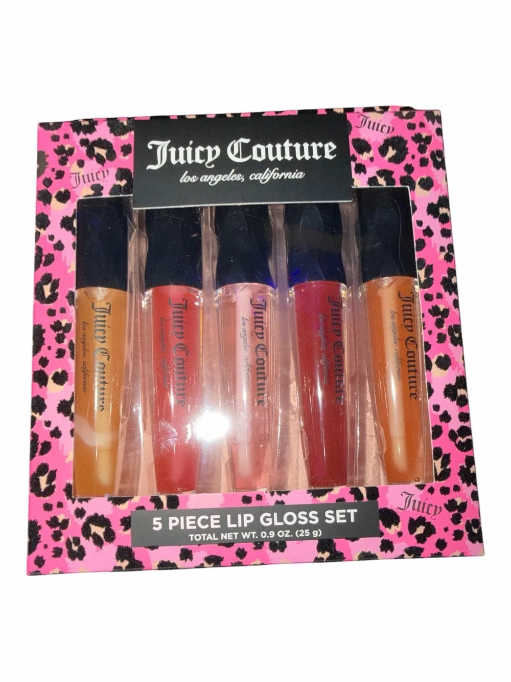 NWT Juicy Couture 5 Piece Lip Gloss Set Pink Leopard Print Gift Set